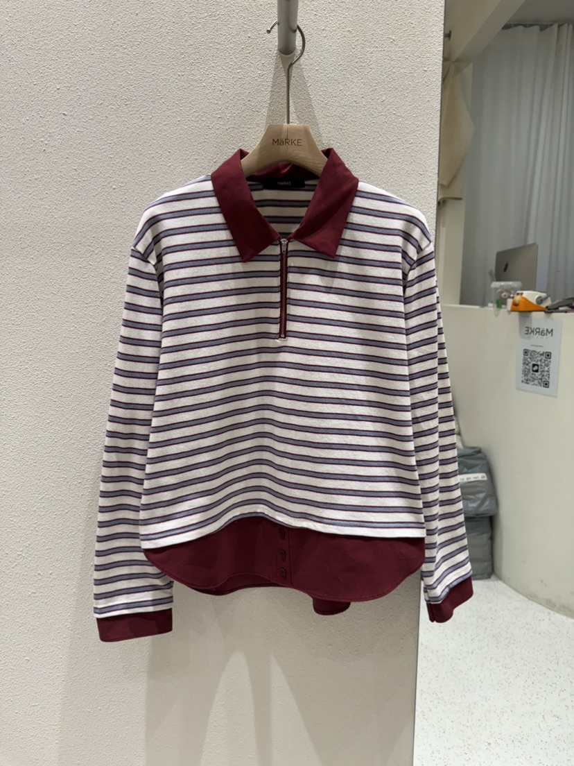 MARKE-P韓國直郵女裝新品推薦職業熱賣人氣長袖T恤拉鏈條紋MARKE-P長袖T恤圖色2