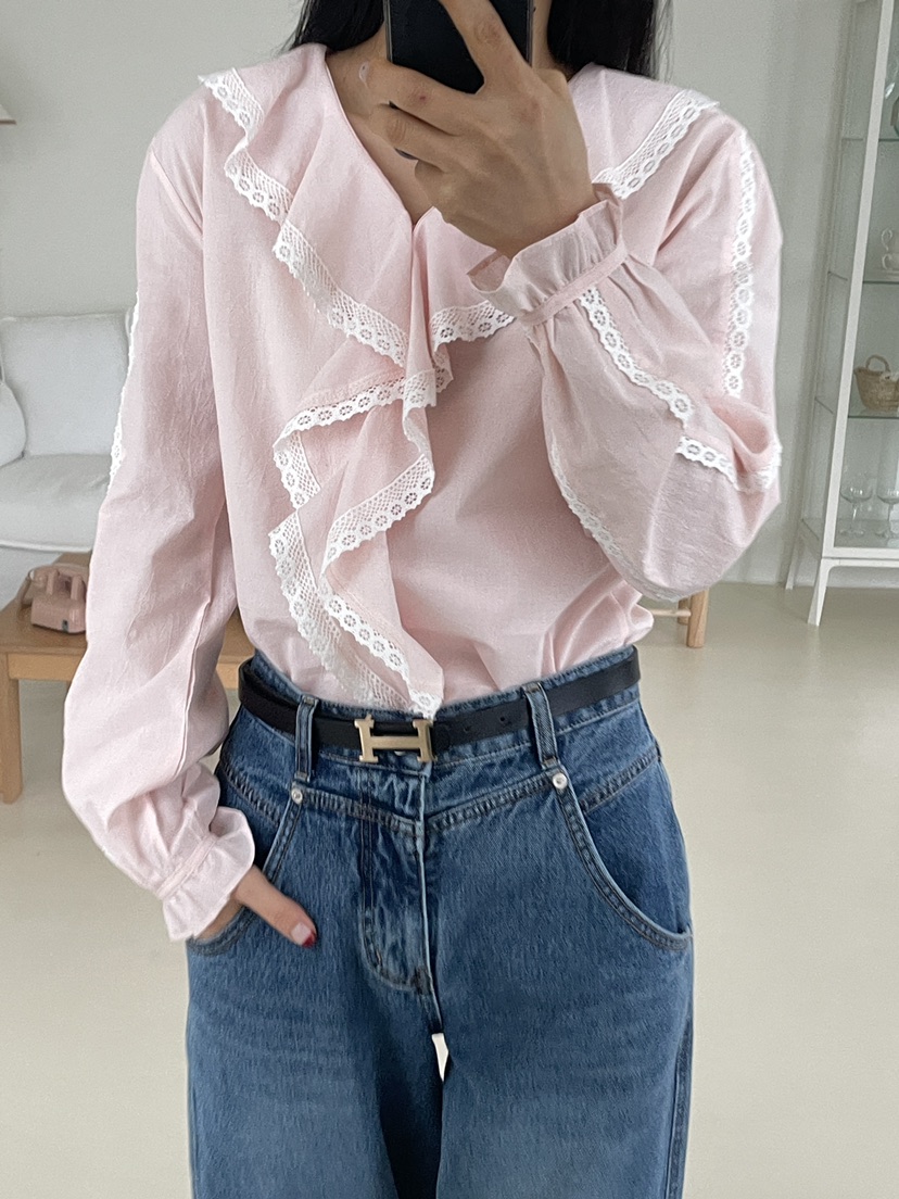 EDITION-P韓國直郵女士新款人氣熱賣休閑襯衫蕾絲衫褶皺EDITION/CHAHEE襯衫/蕾絲衫