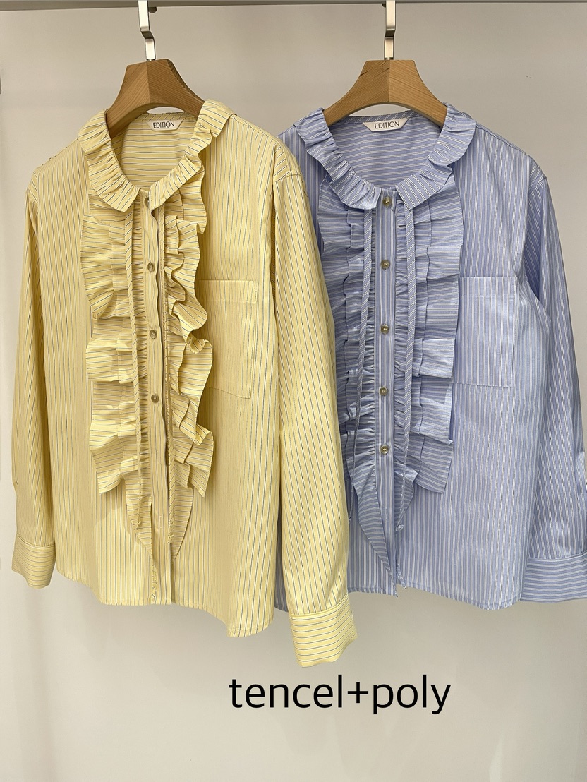 EDITION-P東大門代購女士新品時尚襯衫蕾絲衫荷葉邊條紋EDITION/CHAHEE襯衫/蕾絲衫