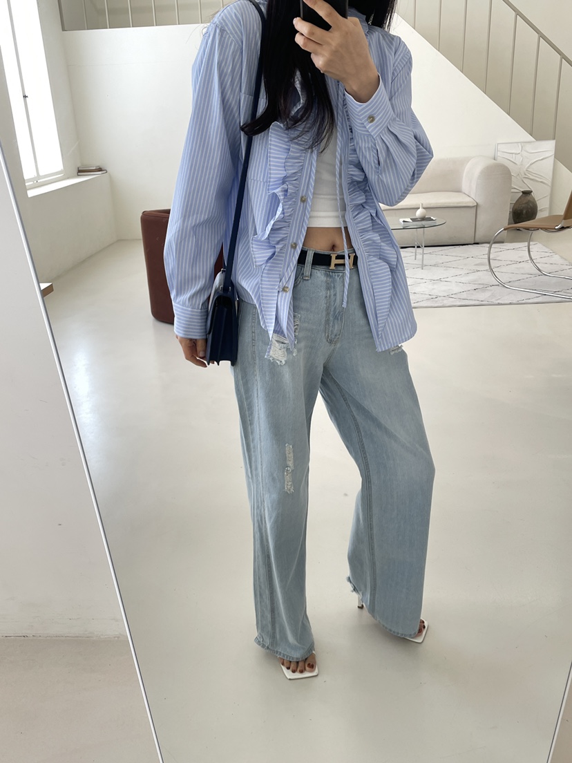 EDITION-P東大門代購女士新品時尚襯衫蕾絲衫荷葉邊條紋EDITION/CHAHEE襯衫/蕾絲衫