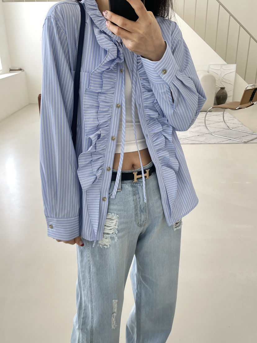 EDITION-P東大門代購女士新品時尚襯衫蕾絲衫荷葉邊條紋EDITION/CHAHEE襯衫/蕾絲衫