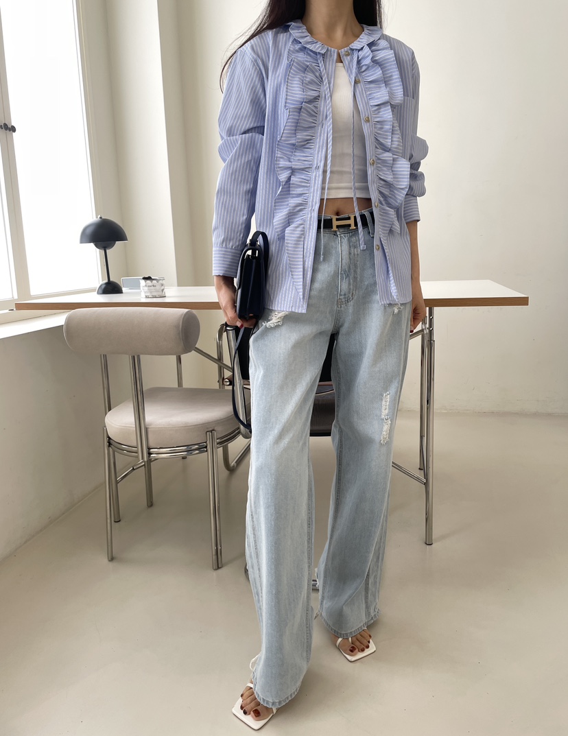 EDITION-P東大門代購女士新品時尚襯衫蕾絲衫荷葉邊條紋EDITION/CHAHEE襯衫/蕾絲衫