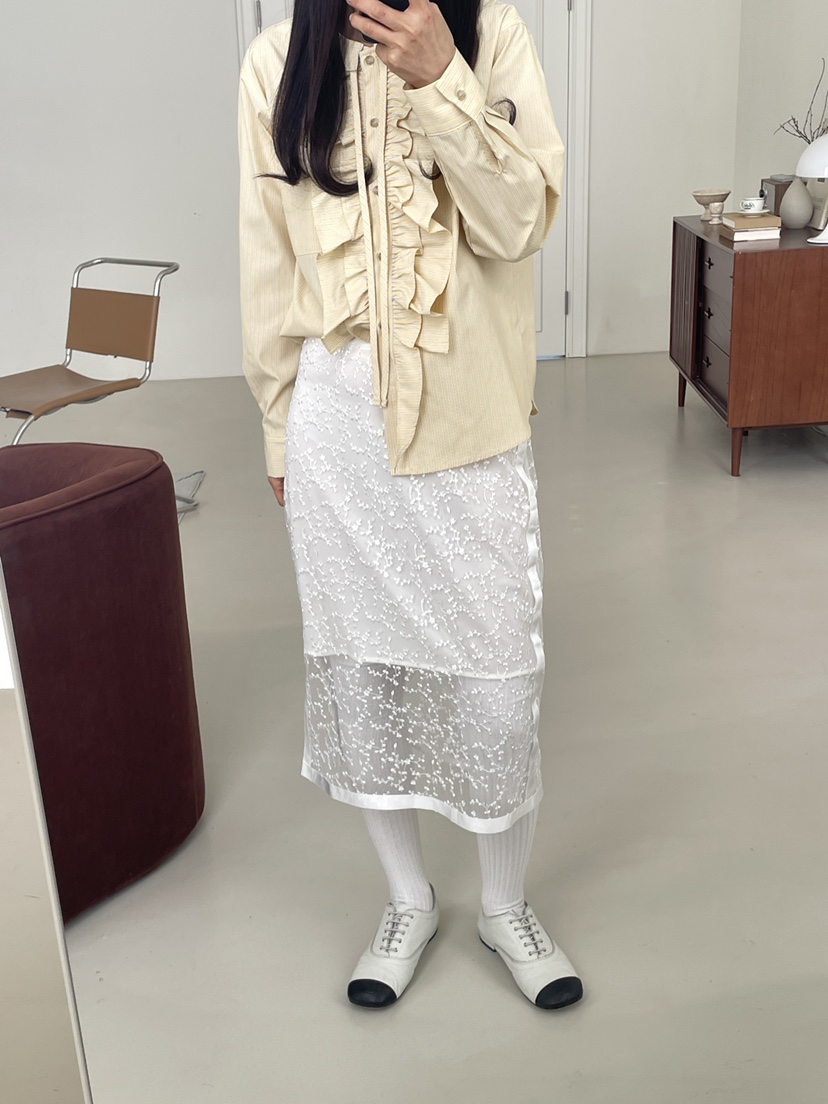 EDITION-P東大門代購女士新品時尚襯衫蕾絲衫荷葉邊條紋EDITION/CHAHEE襯衫/蕾絲衫