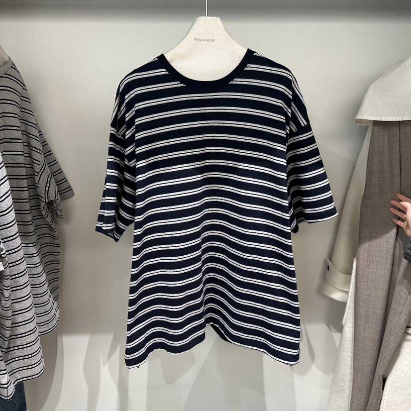 FRENCH DOOR東大門直郵女裝新品推薦休閑熱賣職業T恤條紋FRENCH DOORT恤圖色2深藍色
