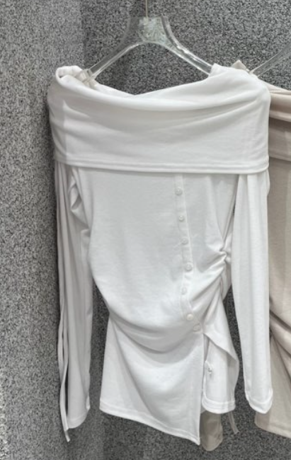 UNA/THE MAY韓國直郵女士新品休閑長袖T恤褶皺露肩紐扣THEMAY/UNA長袖T恤圖色1