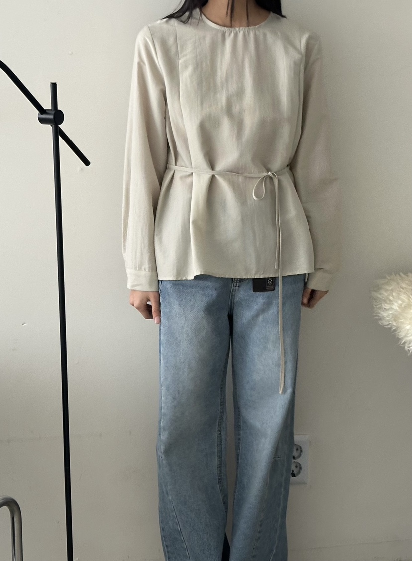 LE VASE韓國直郵女裝新品人氣休閑時尚襯衫蕾絲衫含腰繩LE VASE襯衫/蕾絲衫