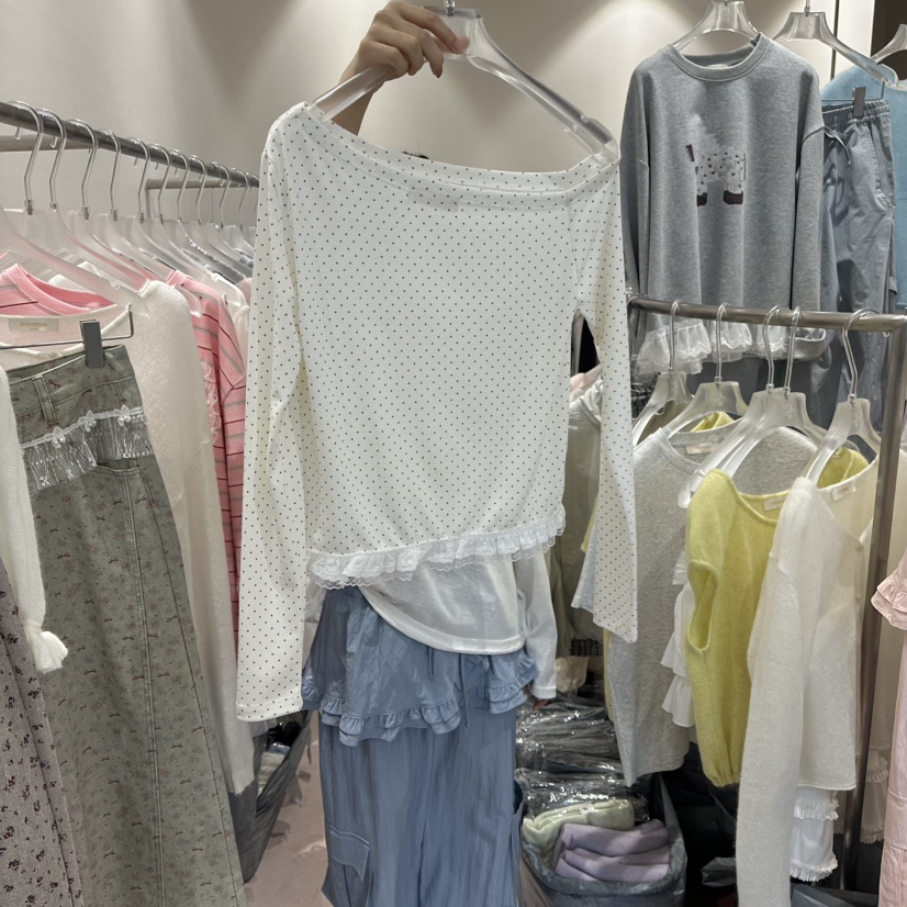 MIMME/LOOKK東大門代購女裝新款熱賣26春夏長袖T恤下擺蕾絲MIMME/LOOKK長袖T恤