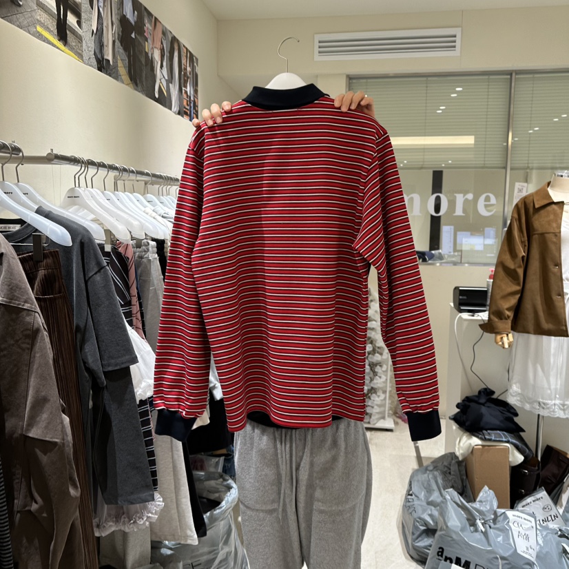 MOREMORE韓國代購女裝新品職業時尚休閑人氣熱賣長袖T恤條紋more more長袖T恤