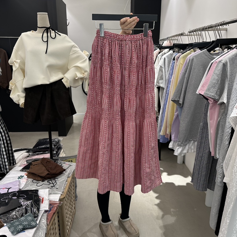 A.CES東大門實拍女士新品真品休閑職業長裙格紋蕾絲褶裥A.CES長裙