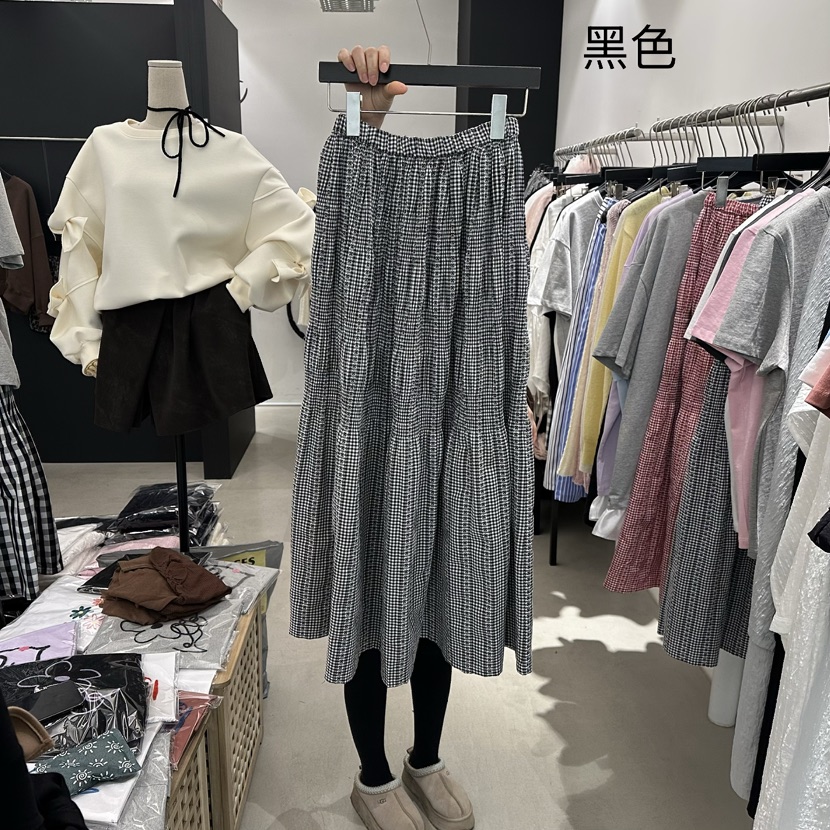 A.CES東大門實拍女士新品真品休閑職業長裙格紋蕾絲褶裥A.CES長裙圖色2