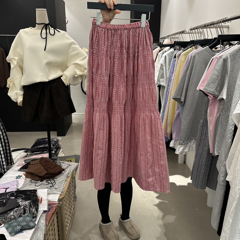 A.CES東大門實拍女士新品真品休閑職業長裙格紋蕾絲褶裥A.CES長裙圖色3