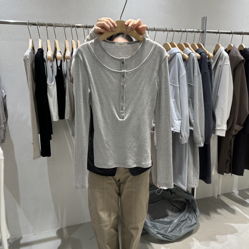 OVU韓國直郵女士新品26春夏時尚職業休閑人氣長袖T恤假兩件OVU長袖T恤圖色2