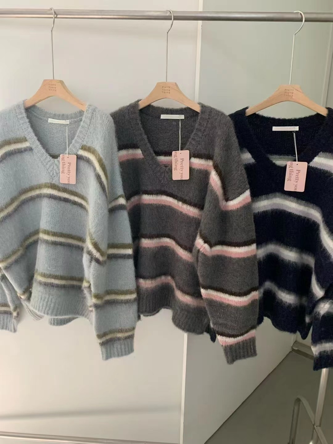 PYT-ot東大門實拍女士新品職業時尚熱賣推薦人氣針織衫條紋pretty young thing針織衫圖色3左三色