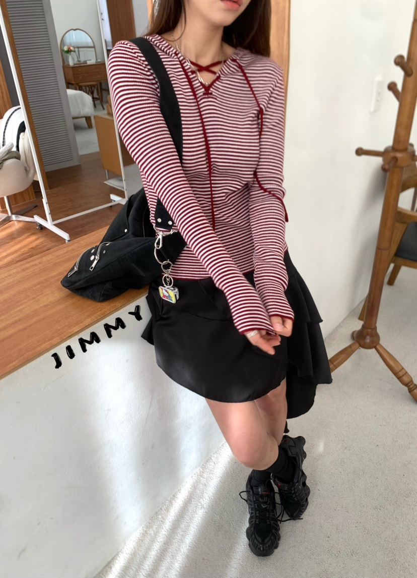 JIMMY東大門直郵女士新品熱賣推薦26春夏長袖T恤連帽衫條紋JIMMY/REMAKE長袖T恤