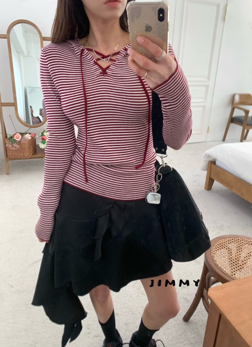 JIMMY東大門直郵女士新品熱賣推薦26春夏長袖T恤連帽衫條紋JIMMY/REMAKE長袖T恤