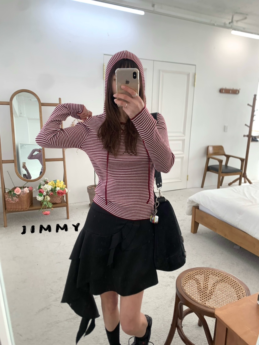 JIMMY東大門直郵女士新品熱賣推薦26春夏長袖T恤連帽衫條紋JIMMY/REMAKE長袖T恤