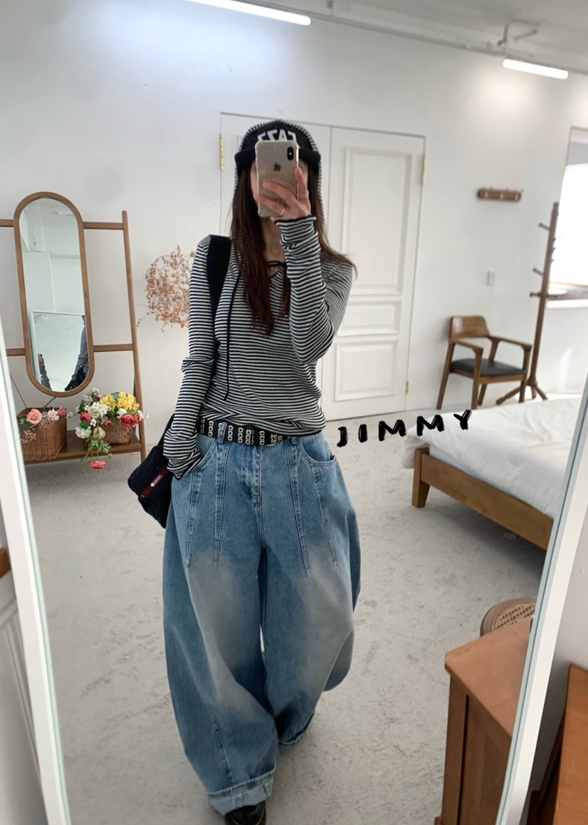 JIMMY東大門直郵女士新品熱賣推薦26春夏長袖T恤連帽衫條紋JIMMY/REMAKE長袖T恤