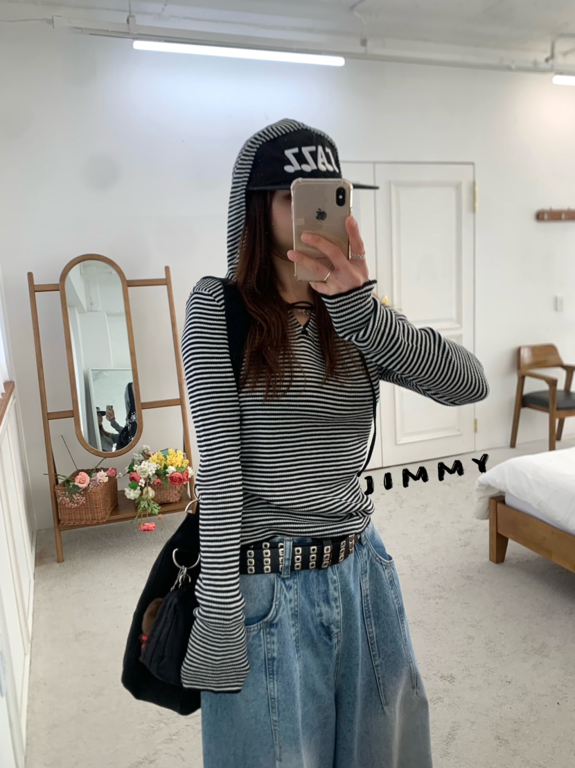 JIMMY東大門直郵女士新品熱賣推薦26春夏長袖T恤連帽衫條紋JIMMY/REMAKE長袖T恤