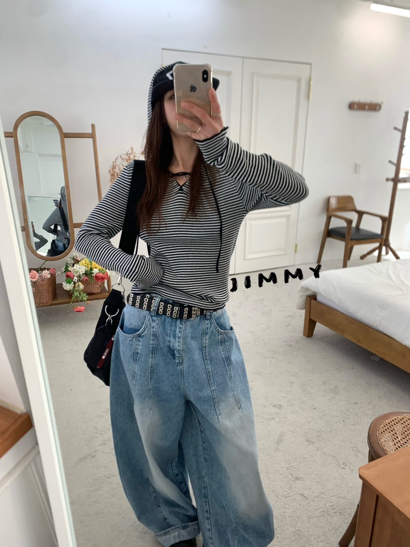 JIMMY東大門直郵女士新品熱賣推薦26春夏長袖T恤連帽衫條紋JIMMY/REMAKE長袖T恤