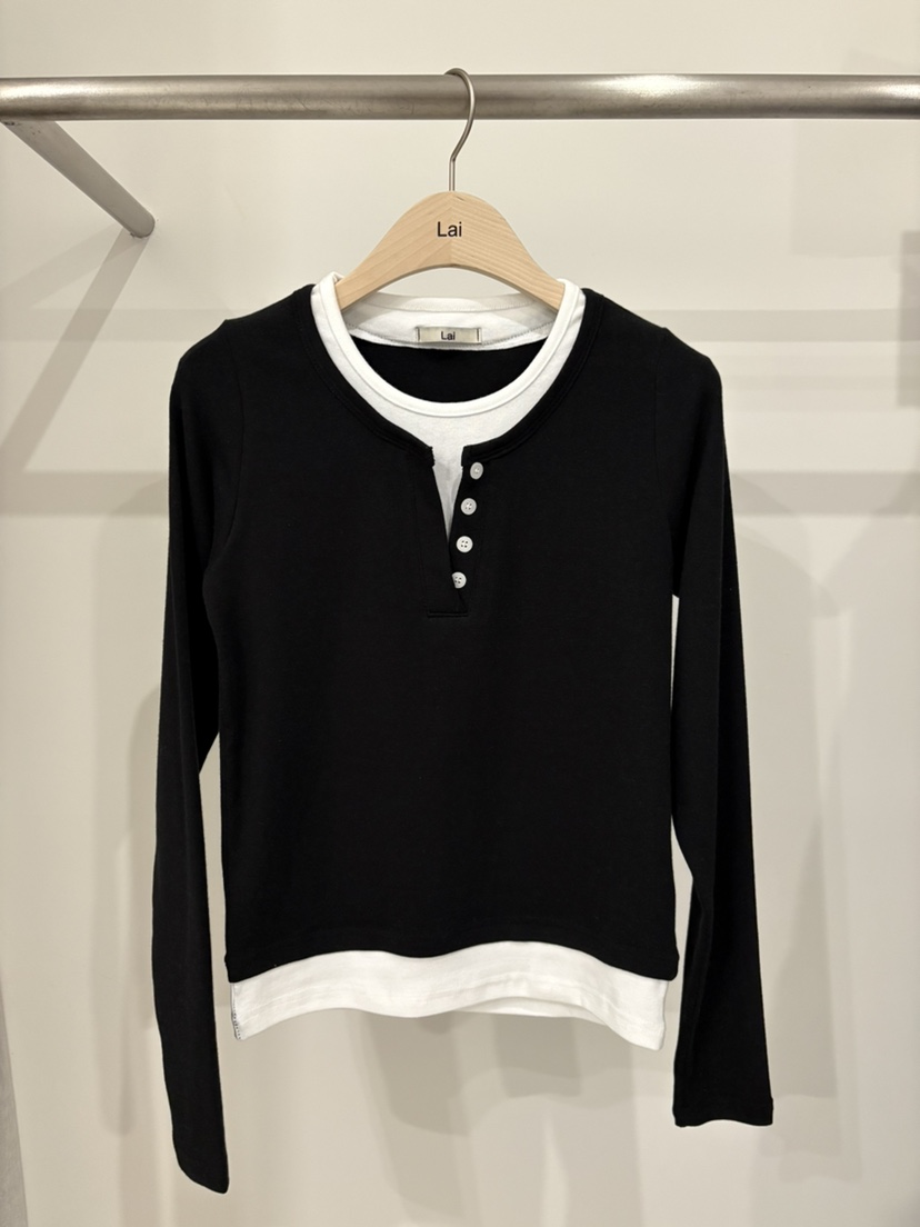 LAI東大門代購女裝新款推薦休閑時尚26春夏長袖T恤假兩件紐扣Lai長袖T恤圖色1