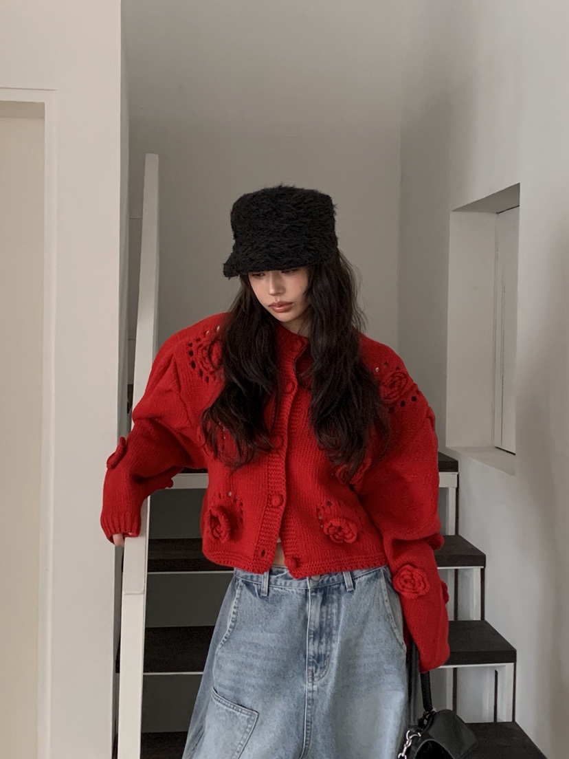 OURWAVE/OUR ROOM東大門實拍女士新品真品針織衫花朵開衫Our Wave/Our Room針織衫