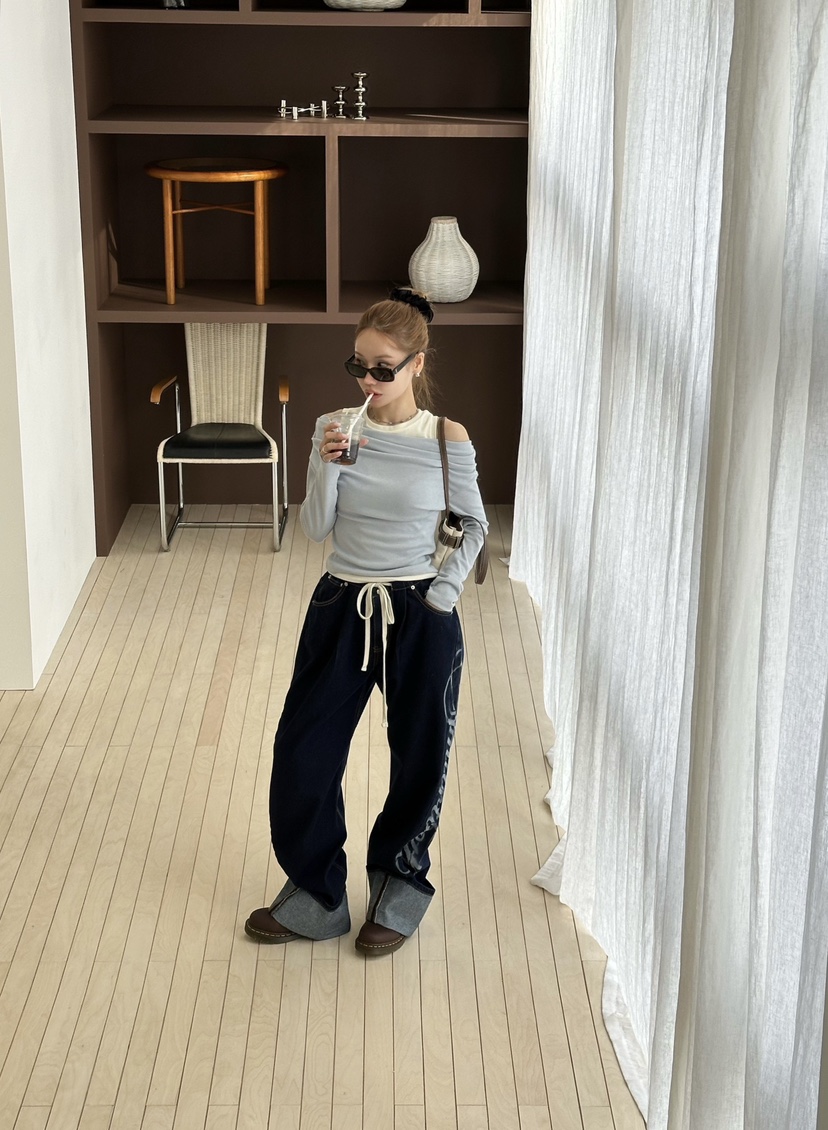 ZEROZERO韓國直郵女士新品推薦時尚人氣職業長袖T恤混紡露肩ZEROZERO長袖T恤