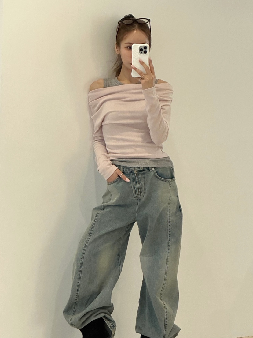 ZEROZERO韓國直郵女士新品推薦時尚人氣職業長袖T恤混紡露肩ZEROZERO長袖T恤