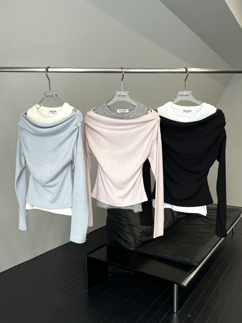 ZEROZERO韓國直郵女士新品推薦時尚人氣職業長袖T恤混紡露肩ZEROZERO長袖T恤