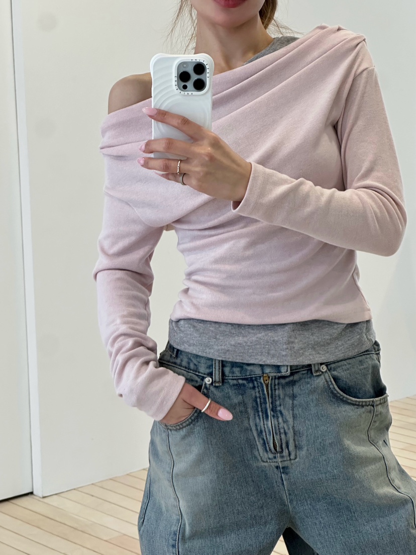 ZEROZERO韓國直郵女士新品推薦時尚人氣職業長袖T恤混紡露肩ZEROZERO長袖T恤圖色1