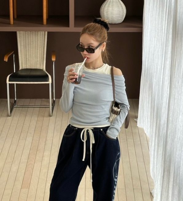 ZEROZERO韓國直郵女士新品推薦時尚人氣職業長袖T恤混紡露肩ZEROZERO長袖T恤圖色3