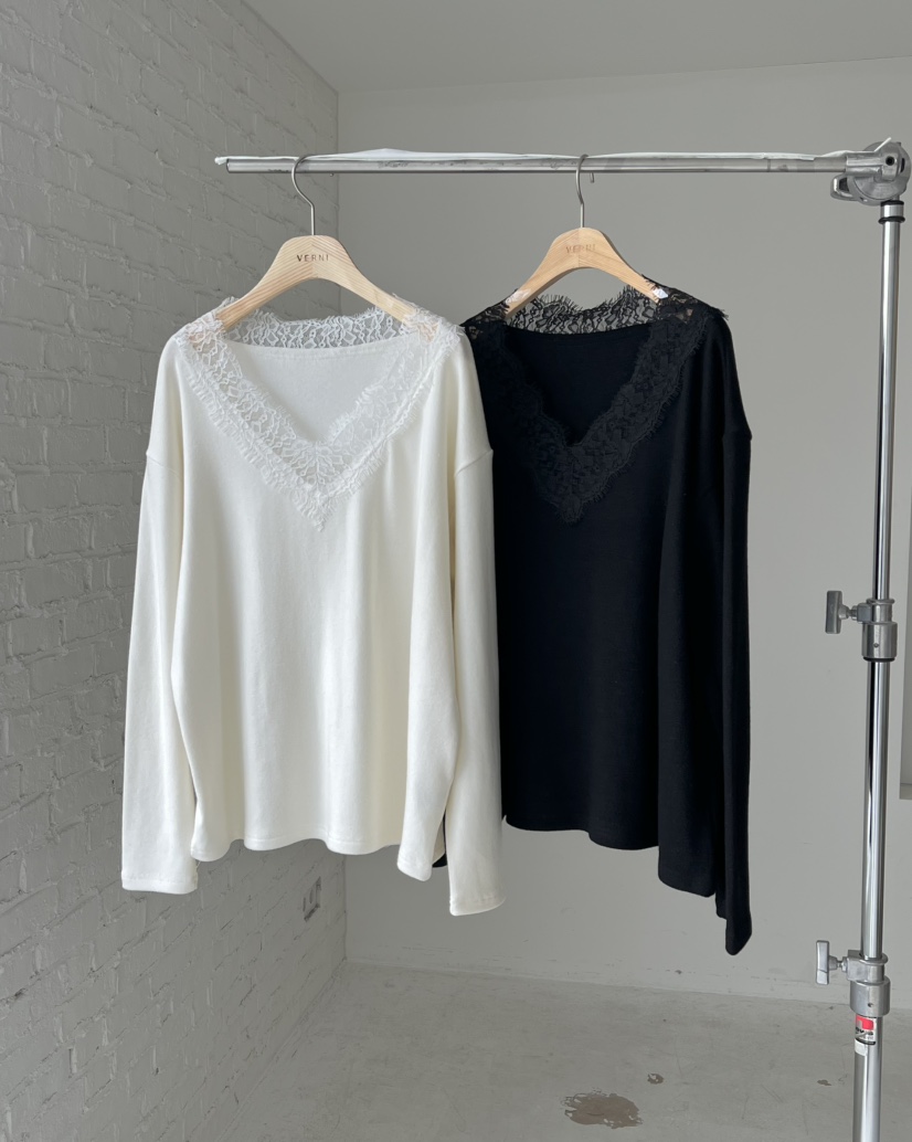 VERNI東大門直郵女士新款人氣真品26春夏熱賣長袖T恤V領蕾絲VERNI長袖T恤