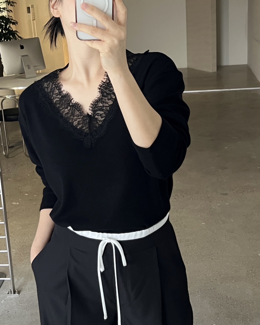 VERNI東大門直郵女士新款人氣真品26春夏熱賣長袖T恤V領蕾絲VERNI長袖T恤
