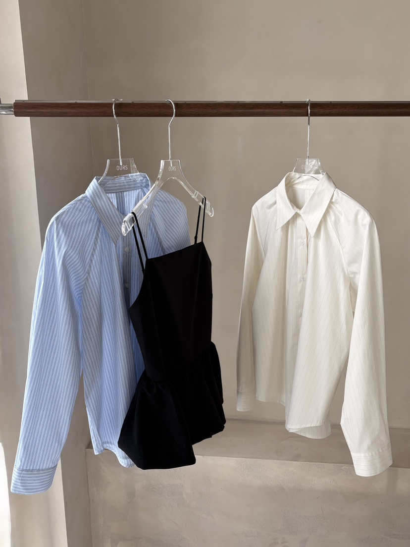 OURS韓國代購女士新款真品時尚熱賣休閑襯衫蕾絲衫褶皺條紋OURS襯衫/蕾絲衫