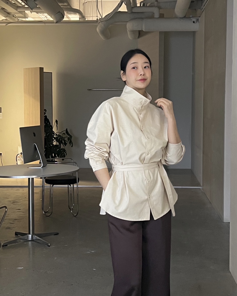 VERNI東大門實拍女士新品真品職業時尚襯衫蕾絲衫含腰帶高領VERNI襯衫/蕾絲衫