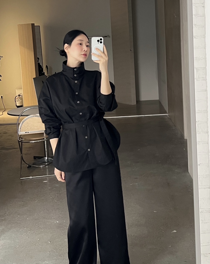 VERNI東大門實拍女士新品真品職業時尚襯衫蕾絲衫含腰帶高領VERNI襯衫/蕾絲衫