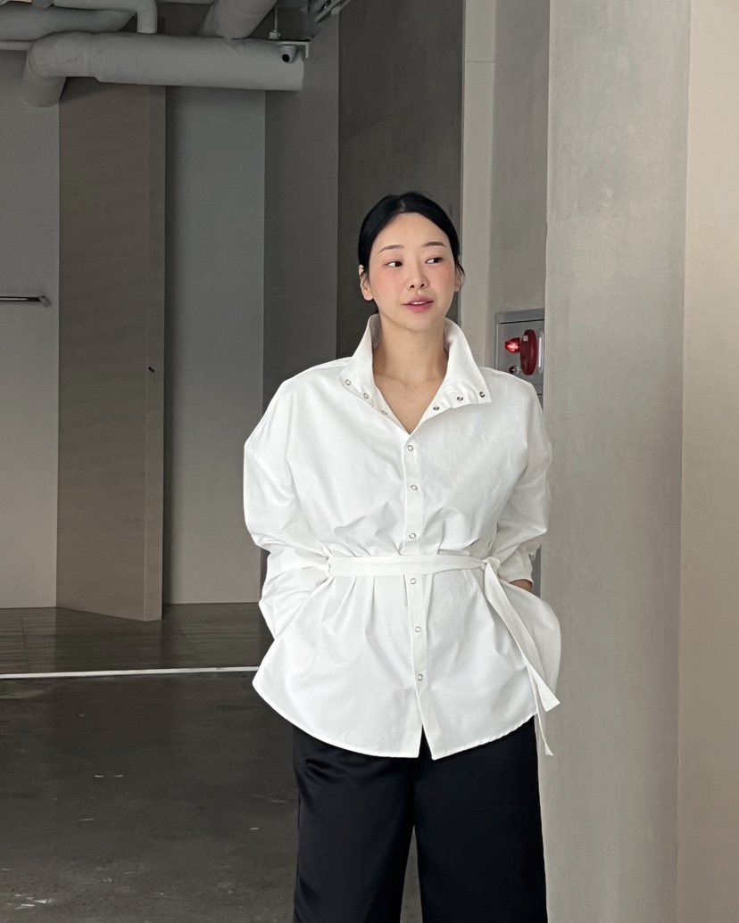 VERNI東大門實拍女士新品真品職業時尚襯衫蕾絲衫含腰帶高領VERNI襯衫/蕾絲衫