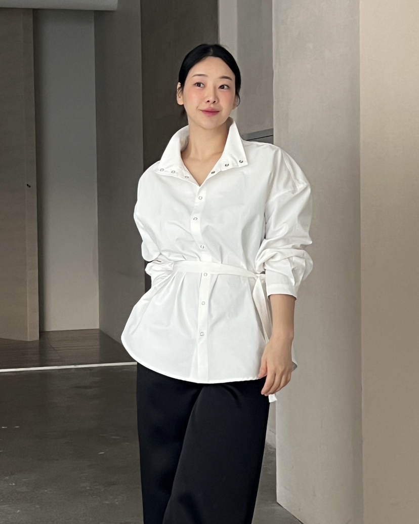 VERNI東大門實拍女士新品真品職業時尚襯衫蕾絲衫含腰帶高領VERNI襯衫/蕾絲衫