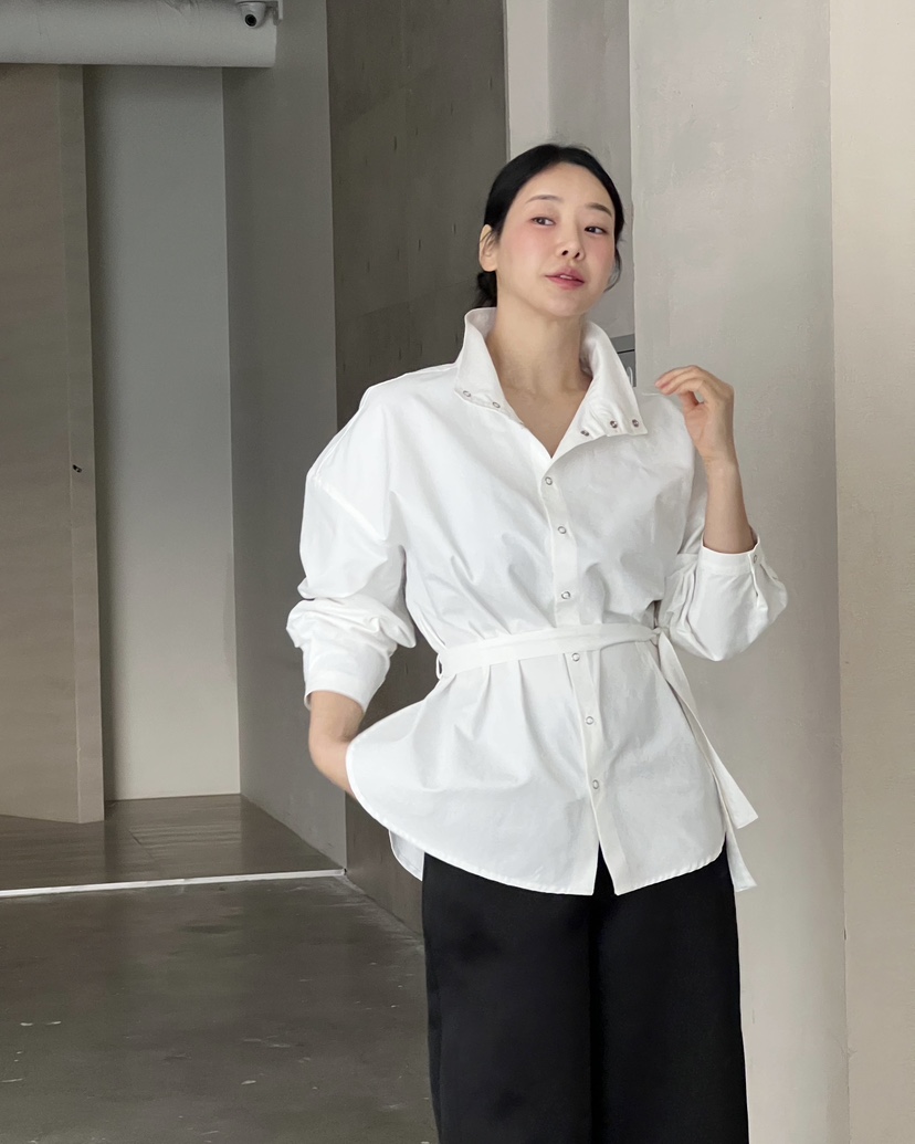 VERNI東大門實拍女士新品真品職業時尚襯衫蕾絲衫含腰帶高領VERNI襯衫/蕾絲衫