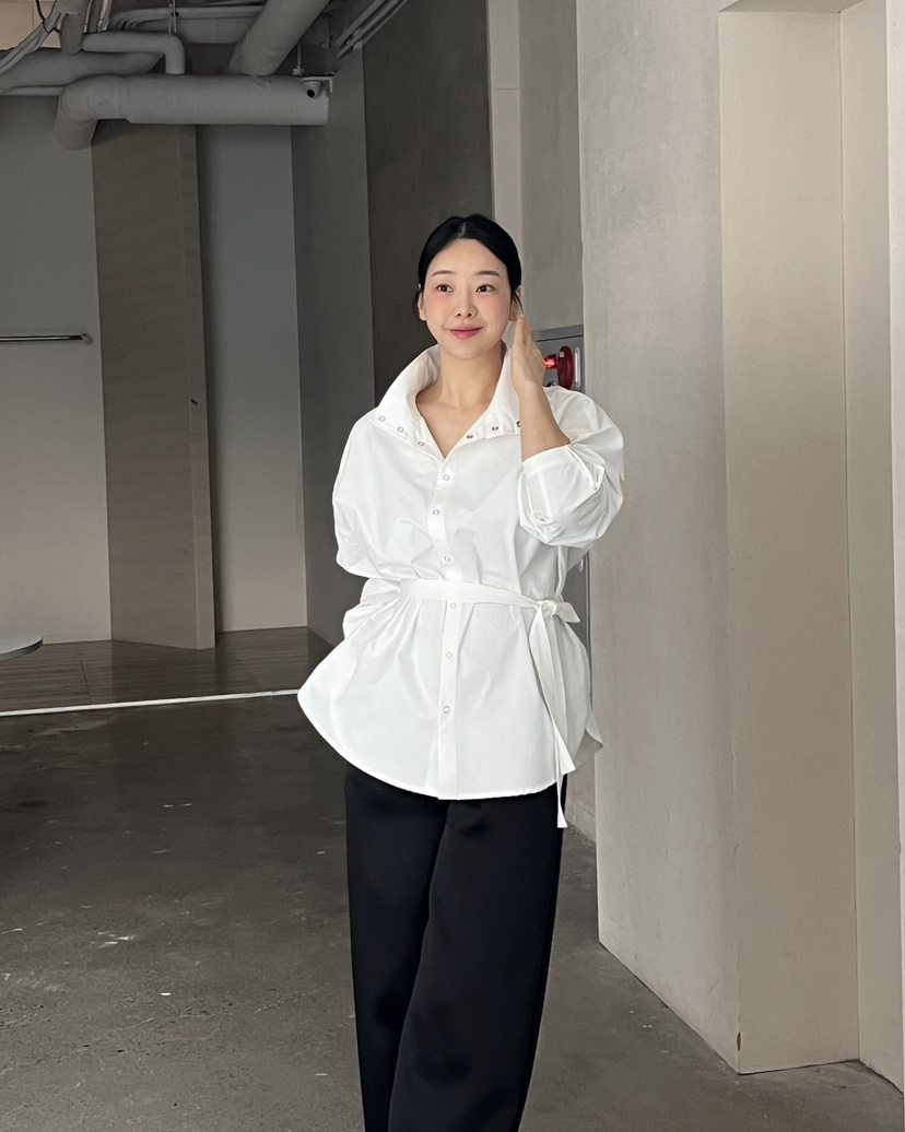 VERNI東大門實拍女士新品真品職業時尚襯衫蕾絲衫含腰帶高領VERNI襯衫/蕾絲衫