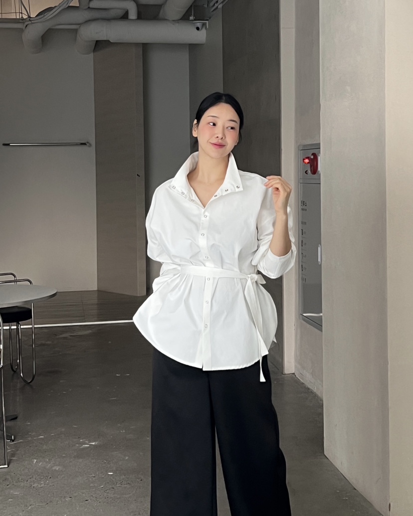 VERNI東大門實拍女士新品真品職業時尚襯衫蕾絲衫含腰帶高領VERNI襯衫/蕾絲衫