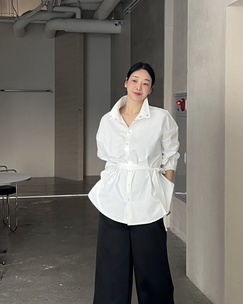 VERNI東大門實拍女士新品真品職業時尚襯衫蕾絲衫含腰帶高領VERNI襯衫/蕾絲衫