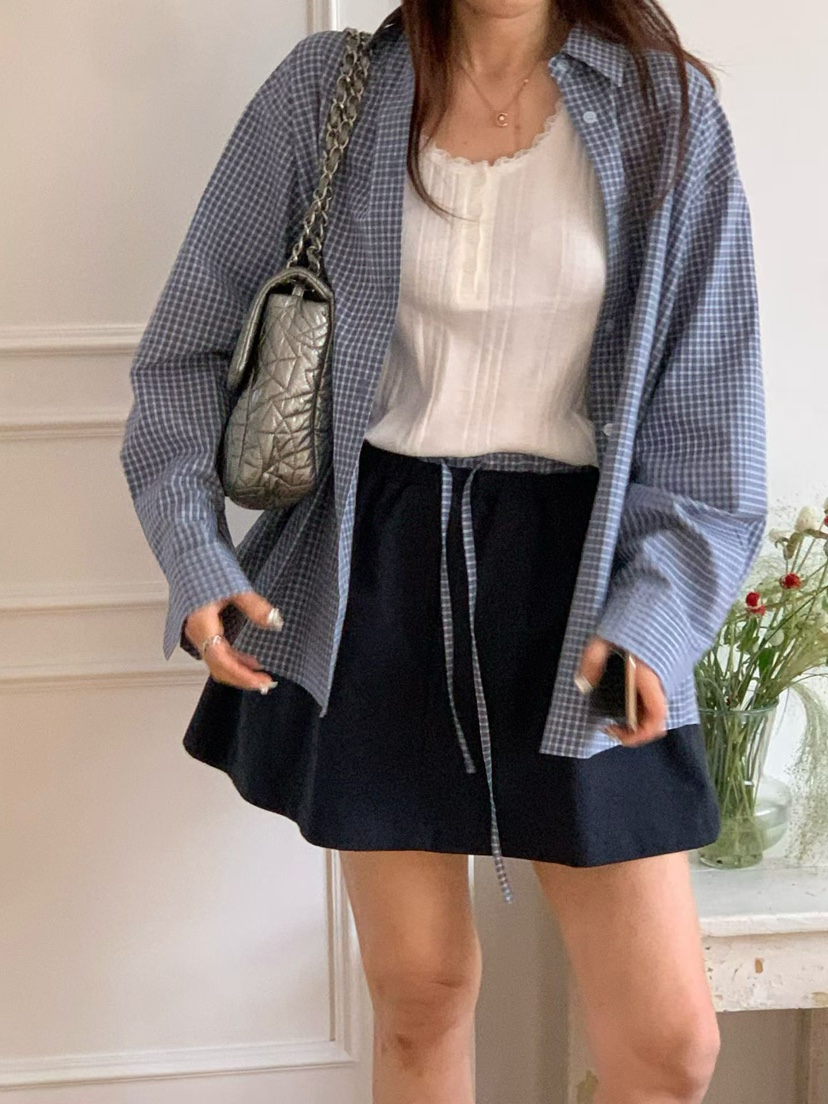 LA CREME東大門實拍女裝新品熱賣26春夏休閑襯衫蕾絲衫格子LA CREME襯衫/蕾絲衫