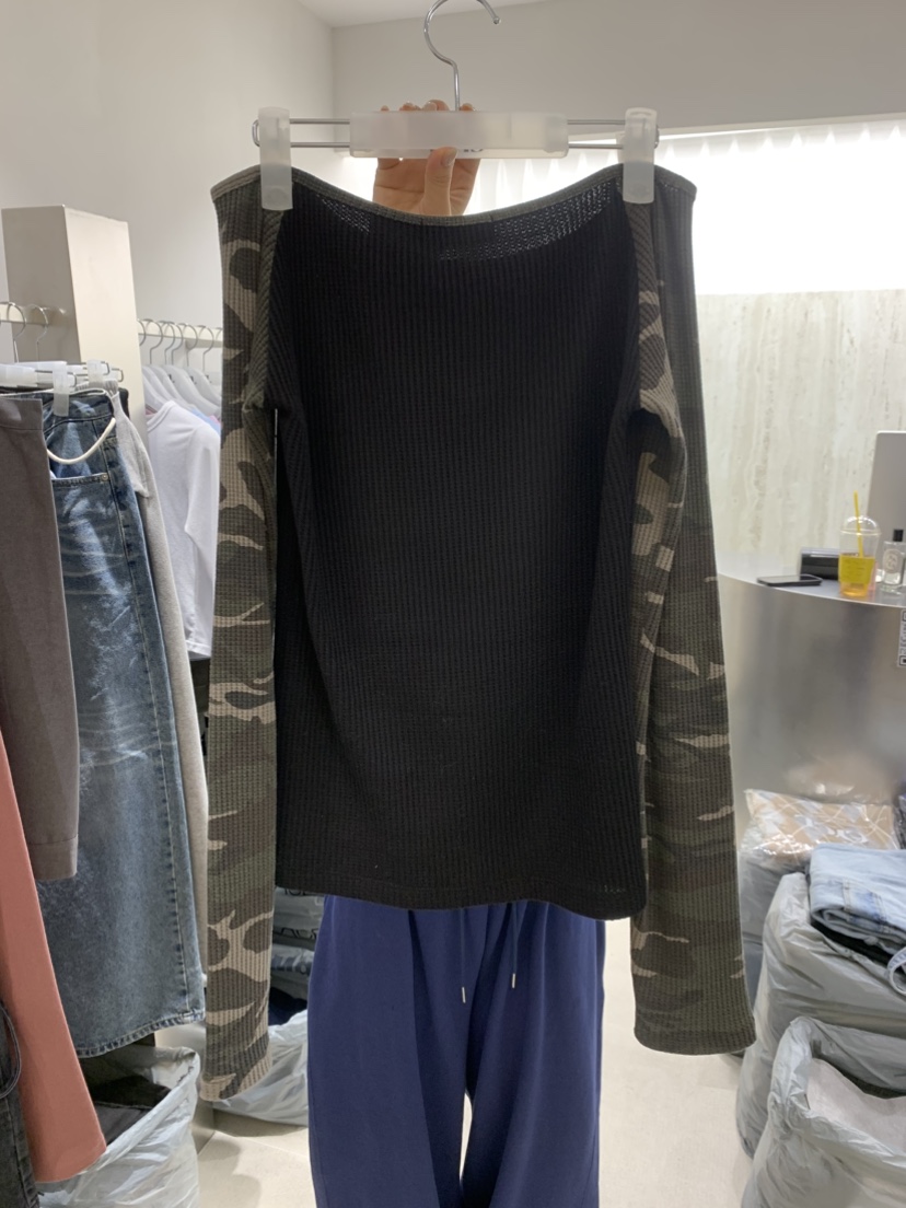 EYEL東大門代購女士新款真品時尚推薦職業長袖T恤華夫格迷彩EYEL長袖T恤