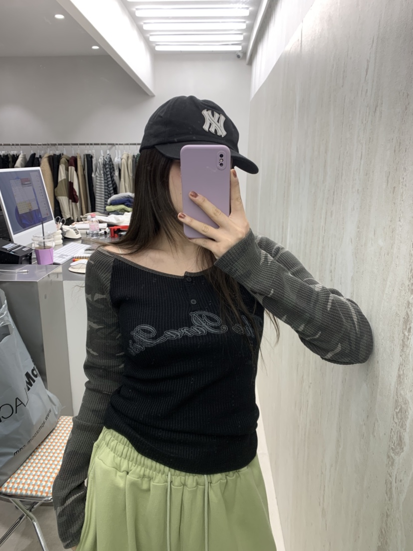 EYEL東大門代購女士新款真品時尚推薦職業長袖T恤華夫格迷彩EYEL長袖T恤