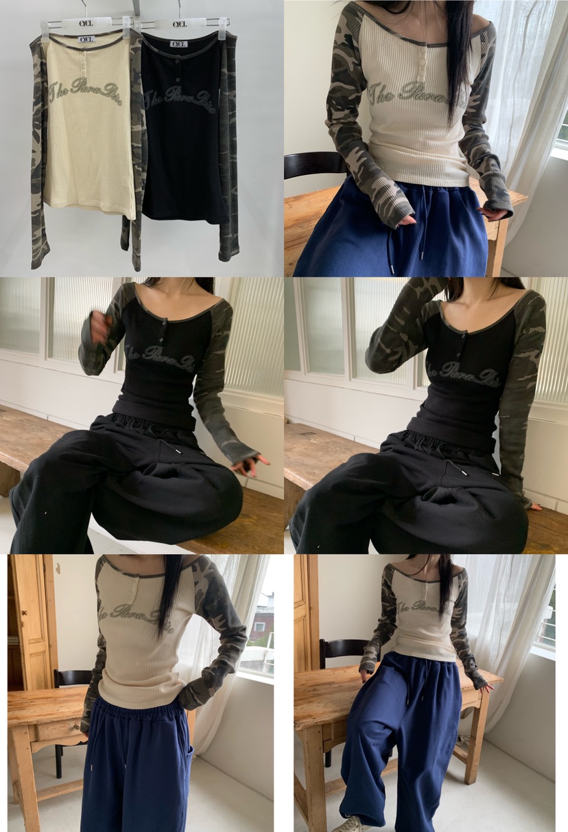 EYEL東大門代購女士新款真品時尚推薦職業長袖T恤華夫格迷彩EYEL長袖T恤