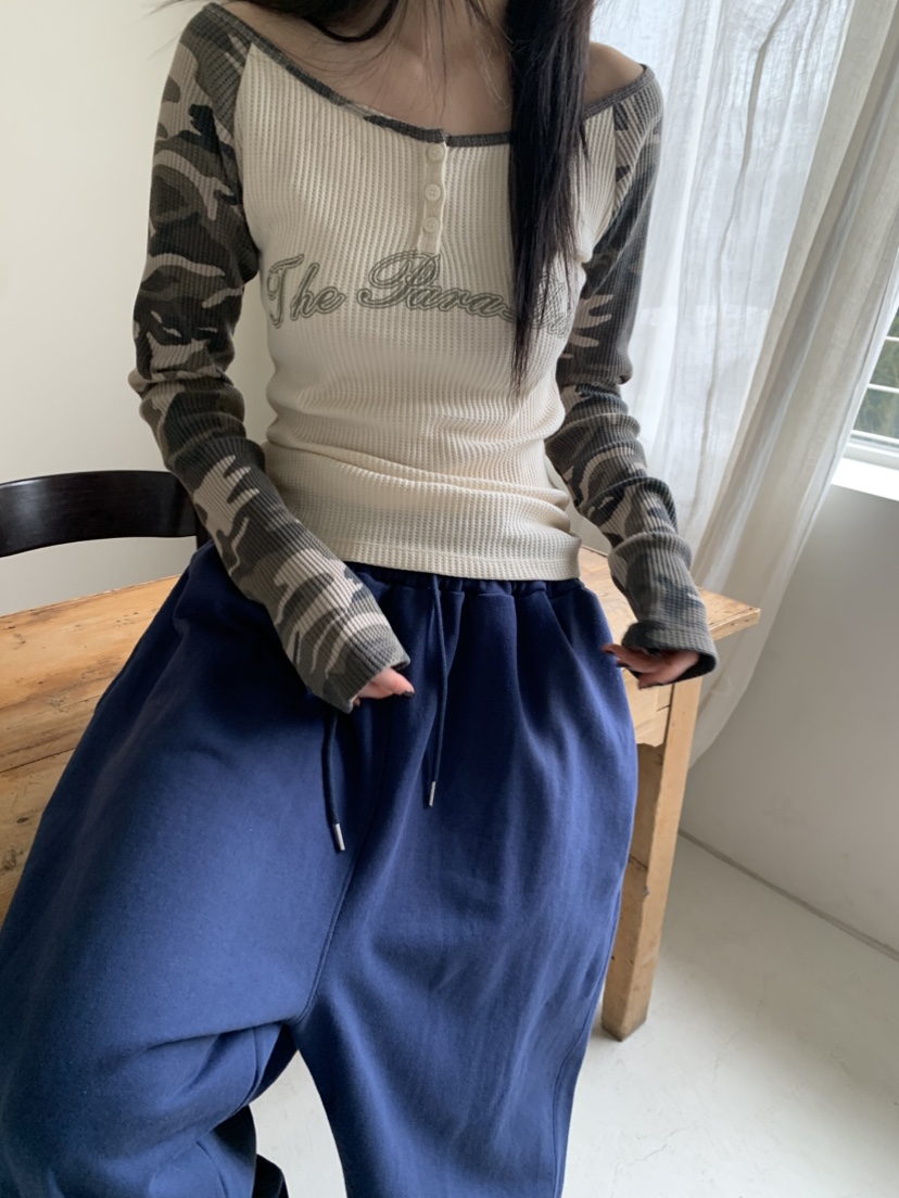 EYEL東大門代購女士新款真品時尚推薦職業長袖T恤華夫格迷彩EYEL長袖T恤圖色2