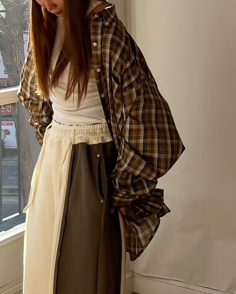 LOVE PULL東大門實拍女士新品熱賣休閑襯衫蕾絲衫格子寬松LOVE PULL襯衫/蕾絲衫