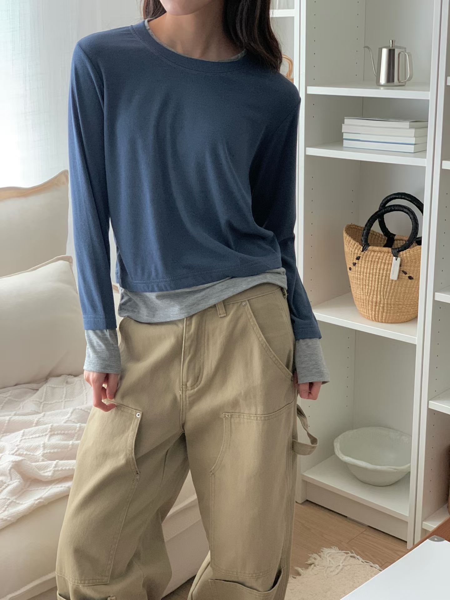 FIVE韓國代購女裝新品休閑時尚人氣推薦真品熱賣26春夏長袖T恤FIVE長袖T恤圖色2