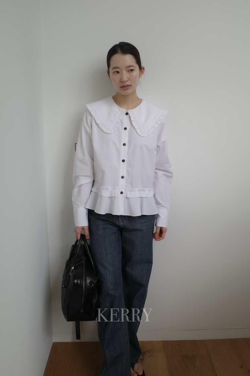 KERRY東大門代購女裝新款熱賣26春夏真品襯衫蕾絲衫荷葉邊KERRY襯衫/蕾絲衫