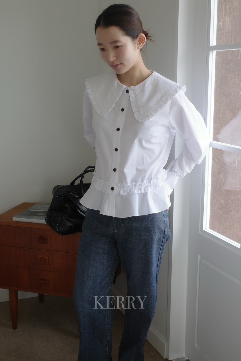 KERRY東大門代購女裝新款熱賣26春夏真品襯衫蕾絲衫荷葉邊KERRY襯衫/蕾絲衫